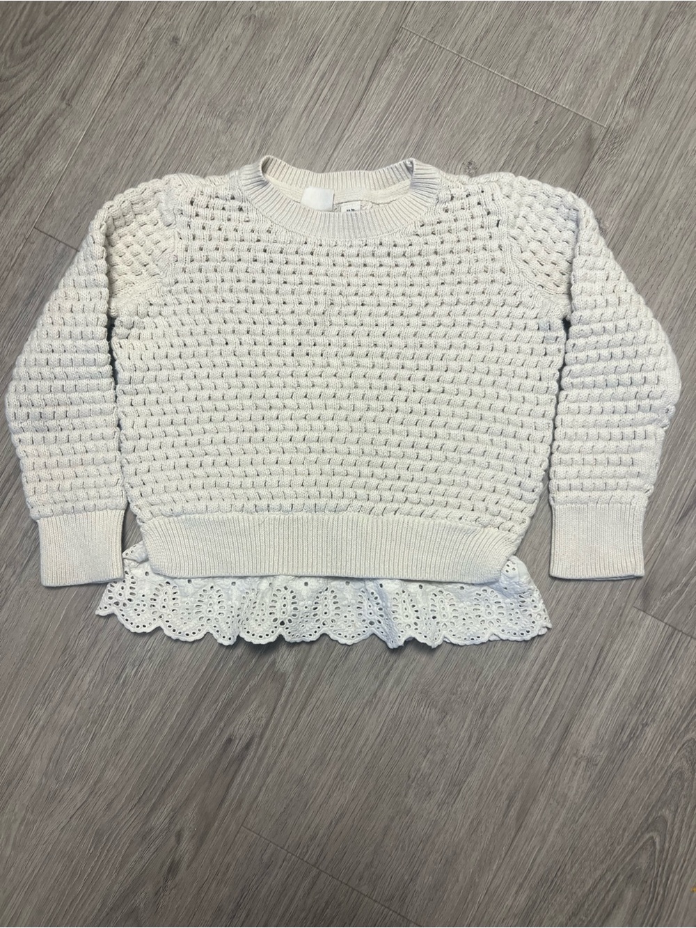 Textured Knit White Sweater with Eyelet Trim